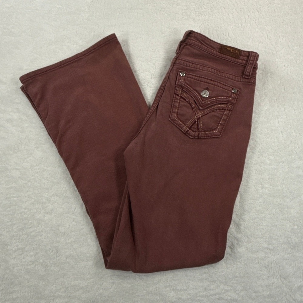 Miss Me Los Angeles Flare Leg Pants Mauve Pink Rhinestone Flap Pocket Size 29